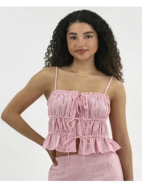 No Boundaries cottagecore coquette gingham tie front smocked ruffle cropped top.